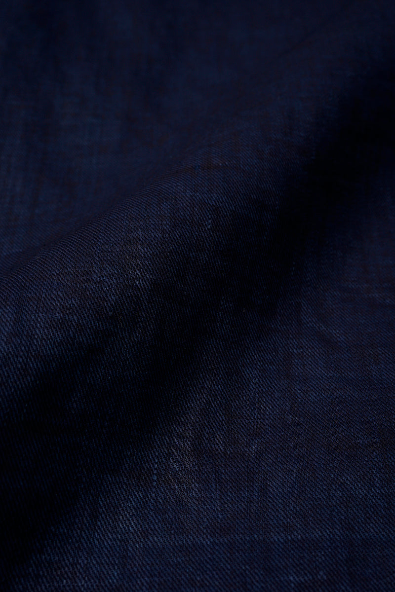 NIGEL CABOURN MAINLINE OPEN COLLAR LINEN SHIRT - INDIGO