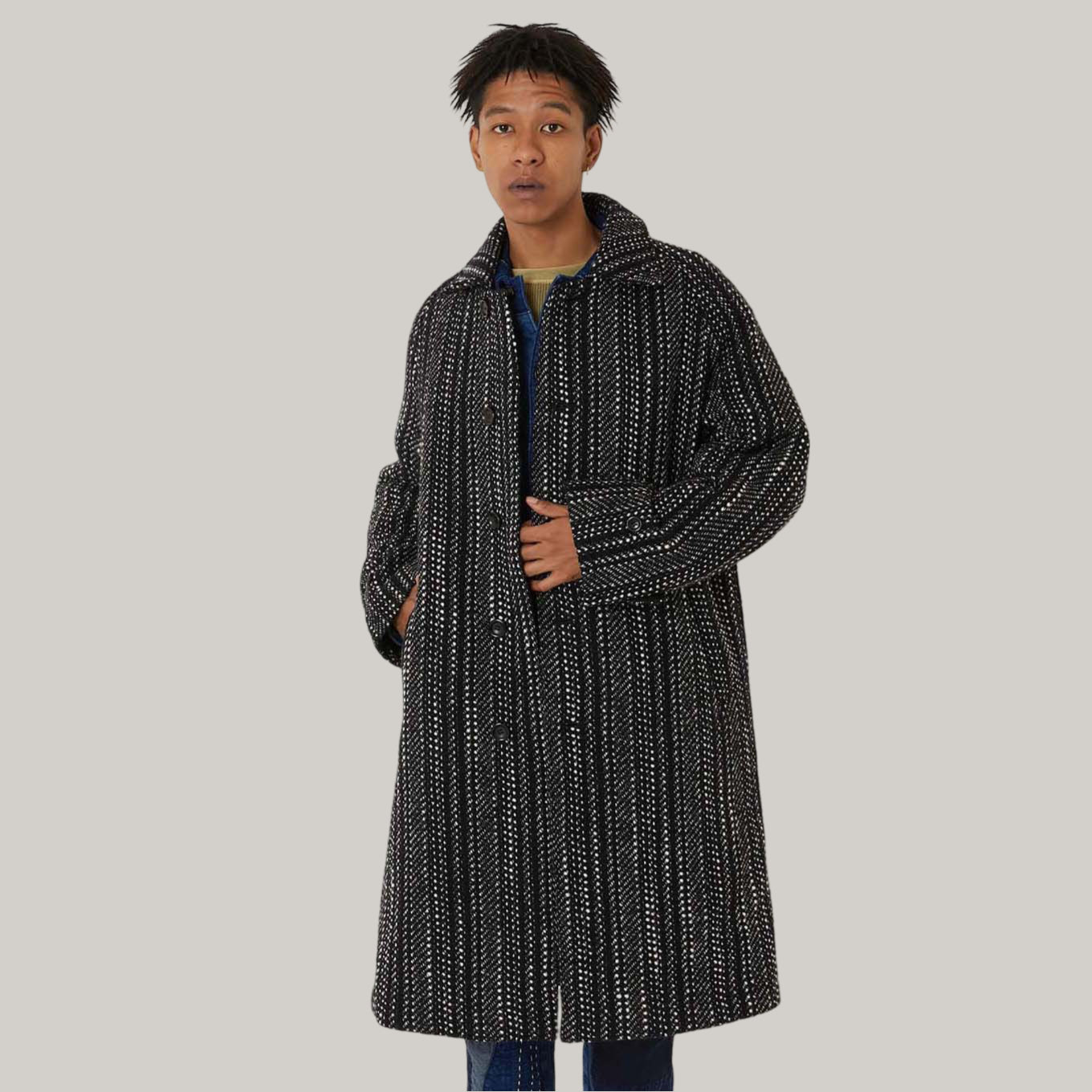BLUE BLUE JAPAN SLUB YARN TWEED BALMACAAN COAT - BLACK