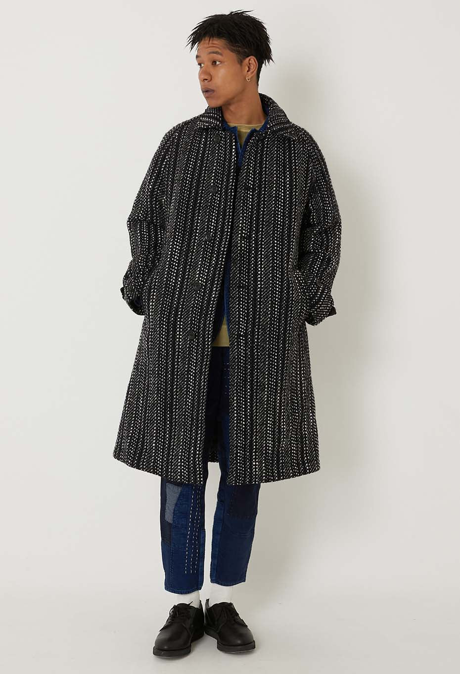 BLUE BLUE JAPAN SLUB YARN TWEED BALMACAAN COAT - BLACK