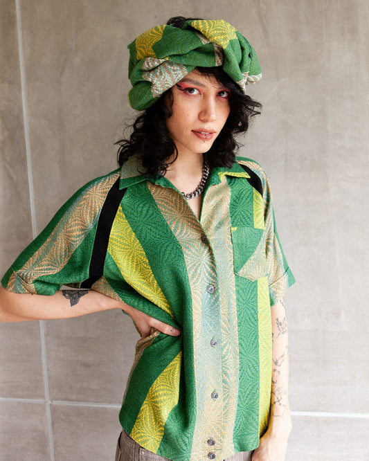 W'MENSWEAR BOWLING SHIRT - GREEN STRIPE