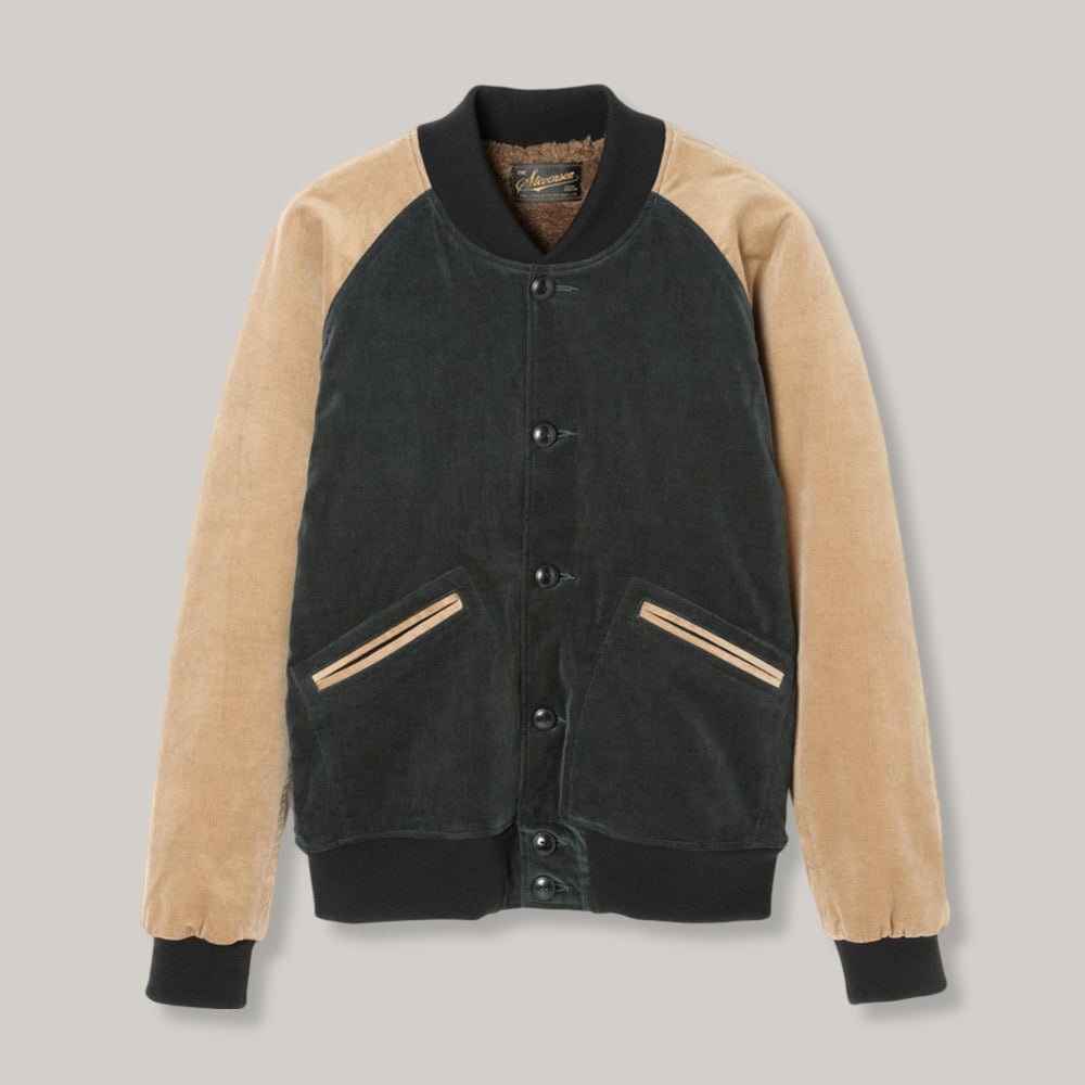 STEVENSON OVERALL CO. GOLDEN ERA ATHLETIC JACKET - DARK GREEN x BEIGE