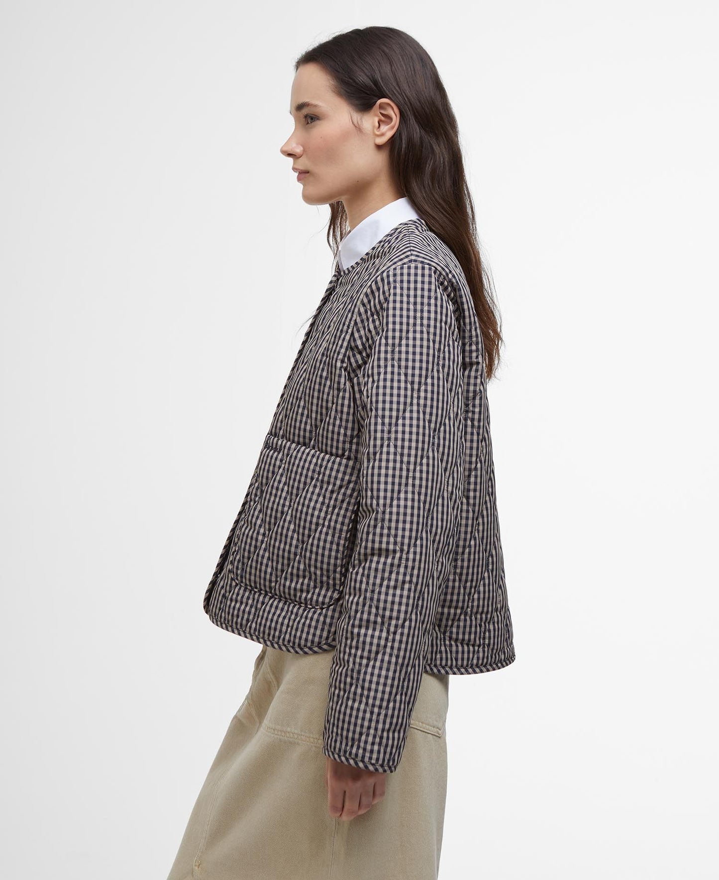 BARBOUR CHECK MONROE QUILTED JACKET - NAVY/ SAND GINGHAM