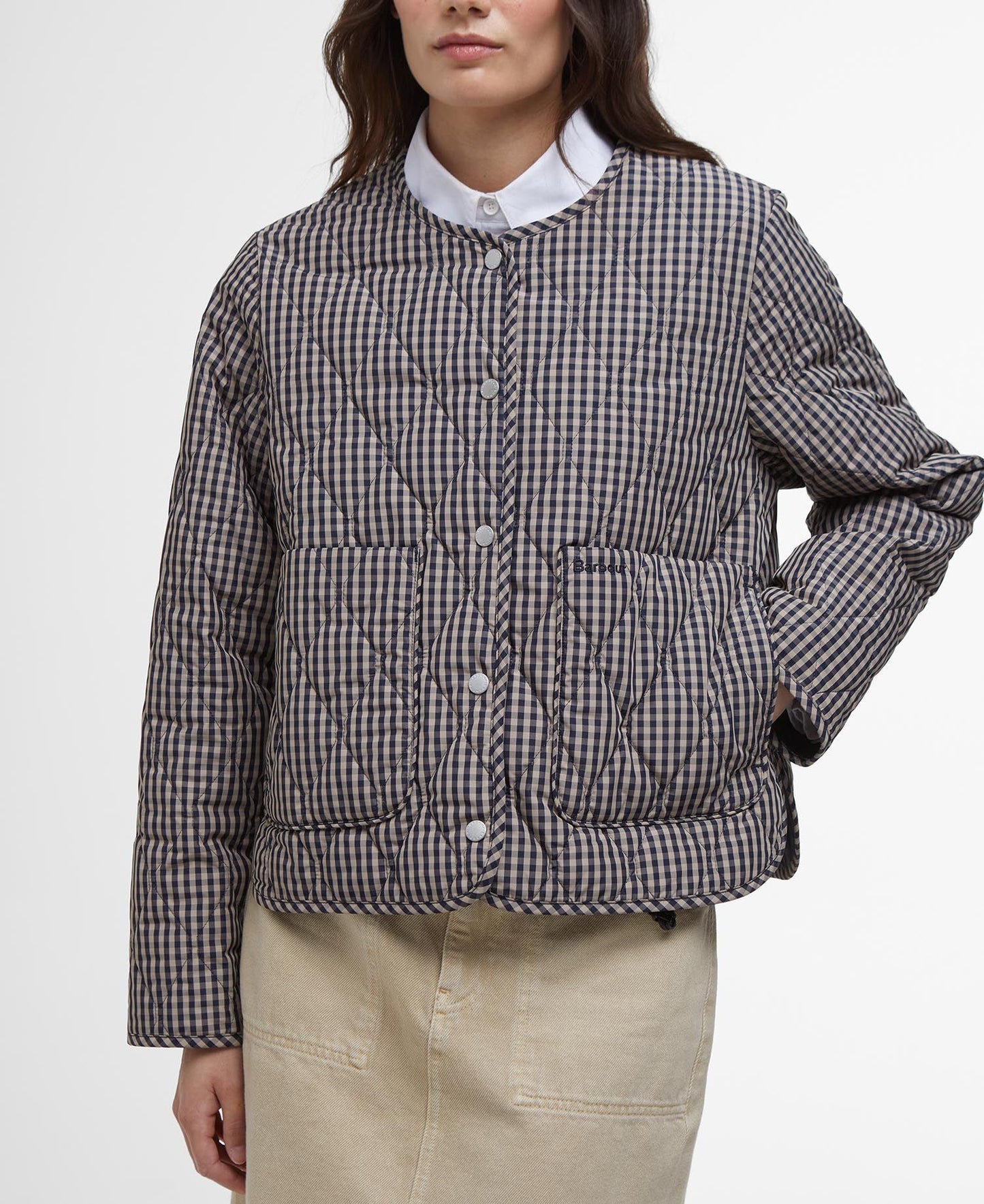 BARBOUR CHECK MONROE QUILTED JACKET - NAVY/ SAND GINGHAM