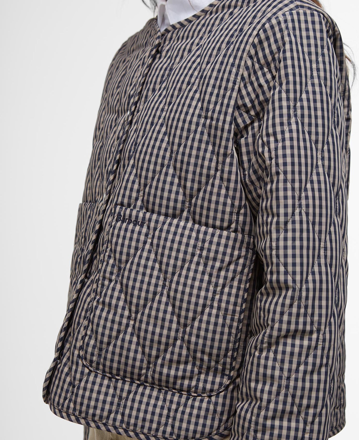 BARBOUR CHECK MONROE QUILTED JACKET - NAVY/ SAND GINGHAM