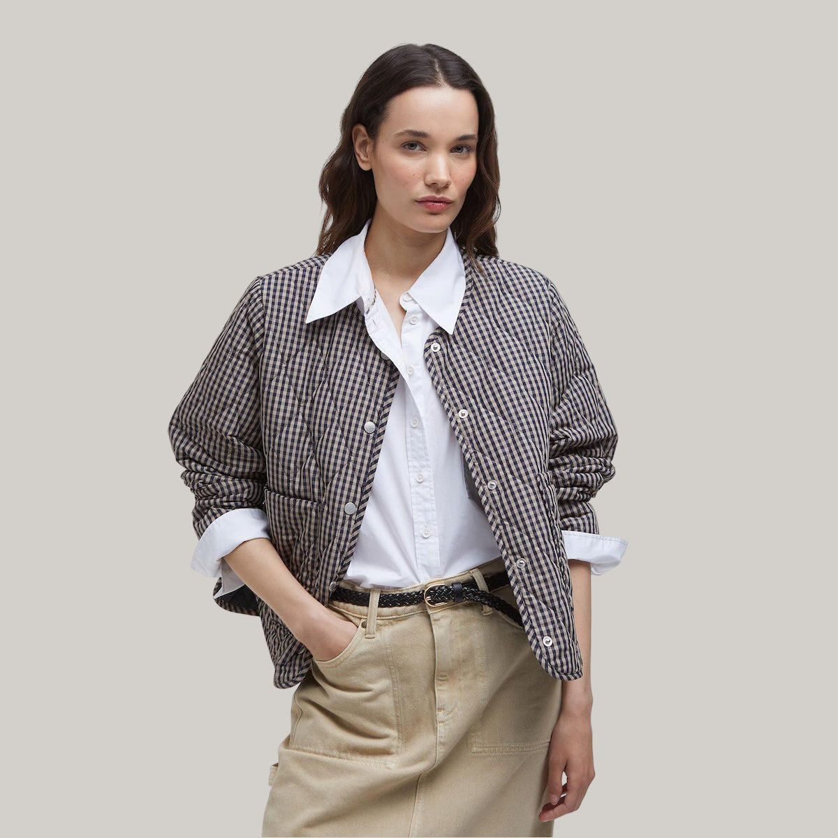 BARBOUR CHECK MONROE QUILTED JACKET - NAVY/ SAND GINGHAM