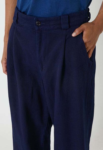 BLUE BLUE JAPAN PURE INDIGO DOUBLECLOTH SASHIKO TUCKED WIDE PANTS