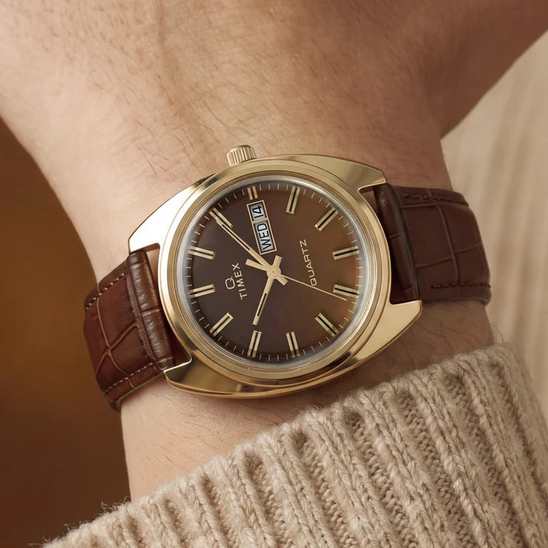 TIMEX 1978 DAY DATE FUMÉ 37MM - BROWN CROC LEATHER STRAP