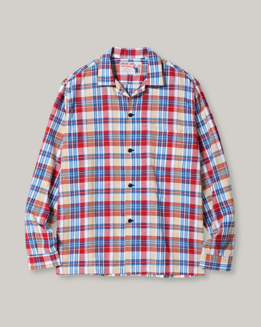 SUGAR CANE MADRAS CHECK OPEN NECK SHIRT - OFF WHITE