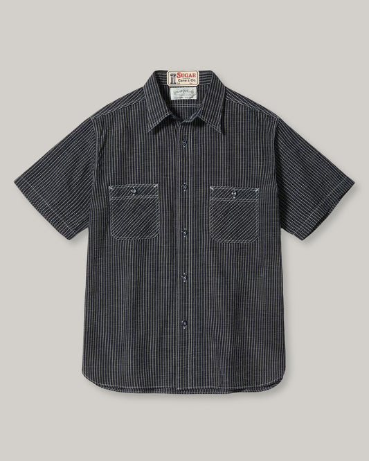 SUGAR CANE 'FICTION ROMANCE' 5.25oz. INDIGO CHECK SS WORK SHIRT