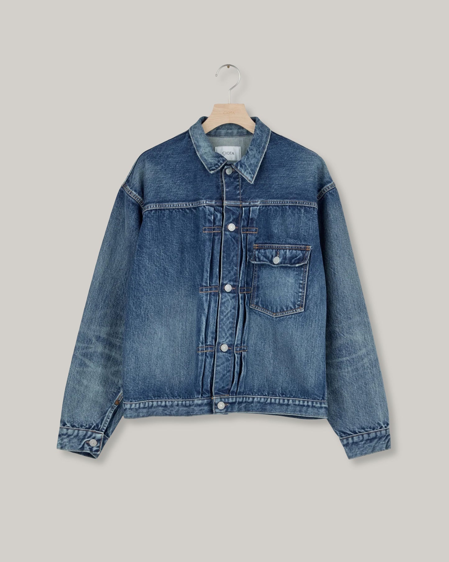 CIOTA SINGLE POCKET DENIM JACKET - MEDIUM DARK BLUE DAMAGE