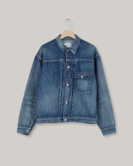 CIOTA SINGLE POCKET DENIM JACKET - MEDIUM DARK BLUE DAMAGE