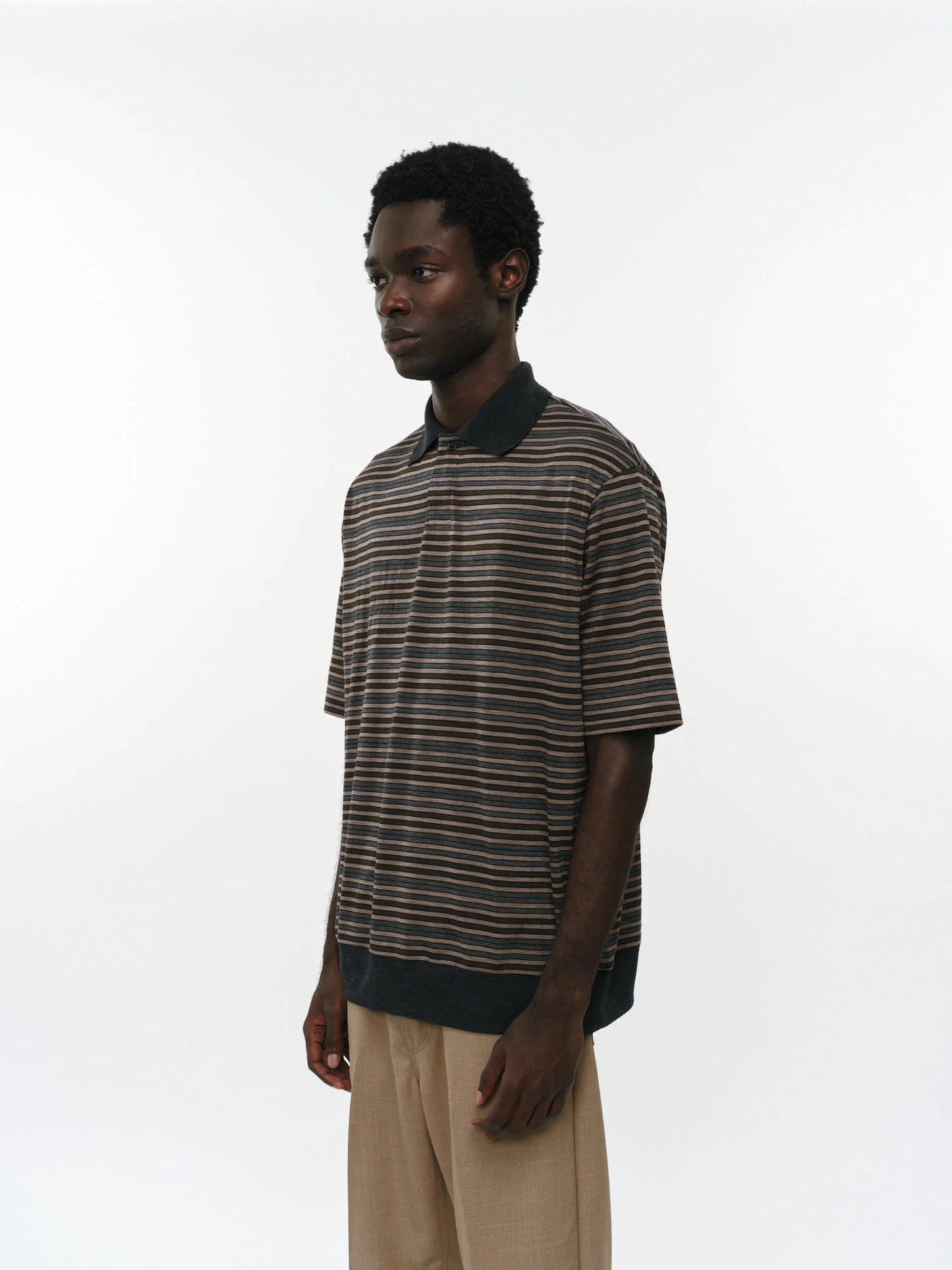 MARKA ONE BUTTON POLO S/S TEE - BEIGE BORDER