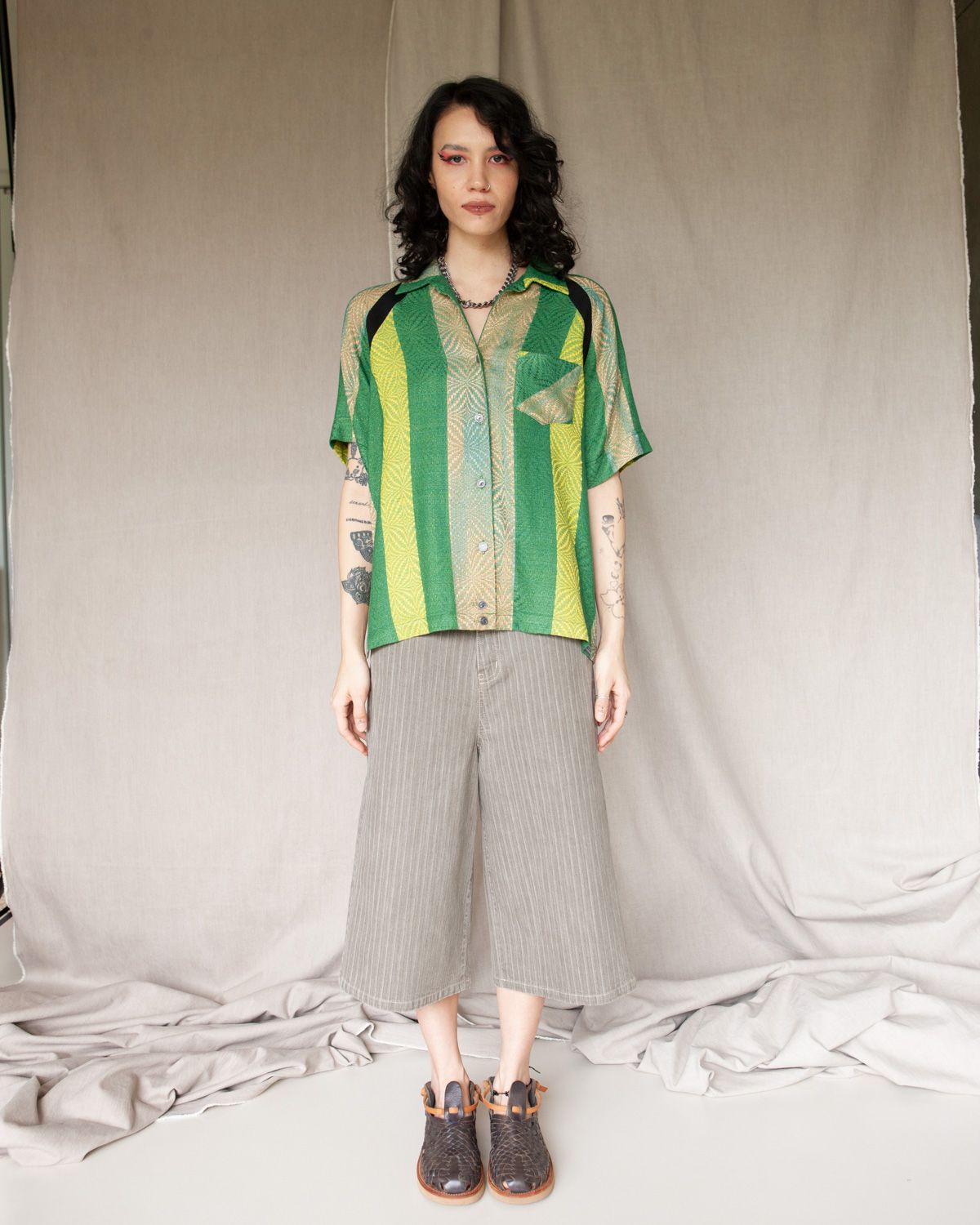 W'MENSWEAR BOWLING SHIRT - GREEN STRIPE