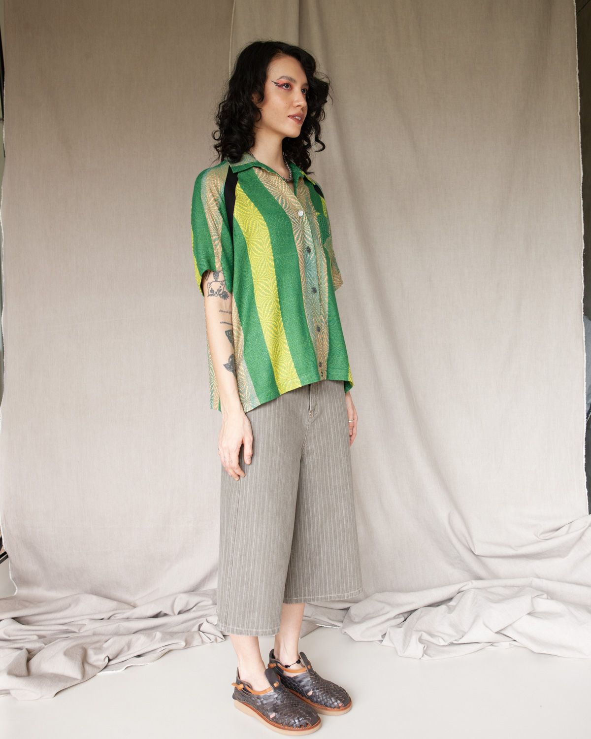 W'MENSWEAR BOWLING SHIRT - GREEN STRIPE