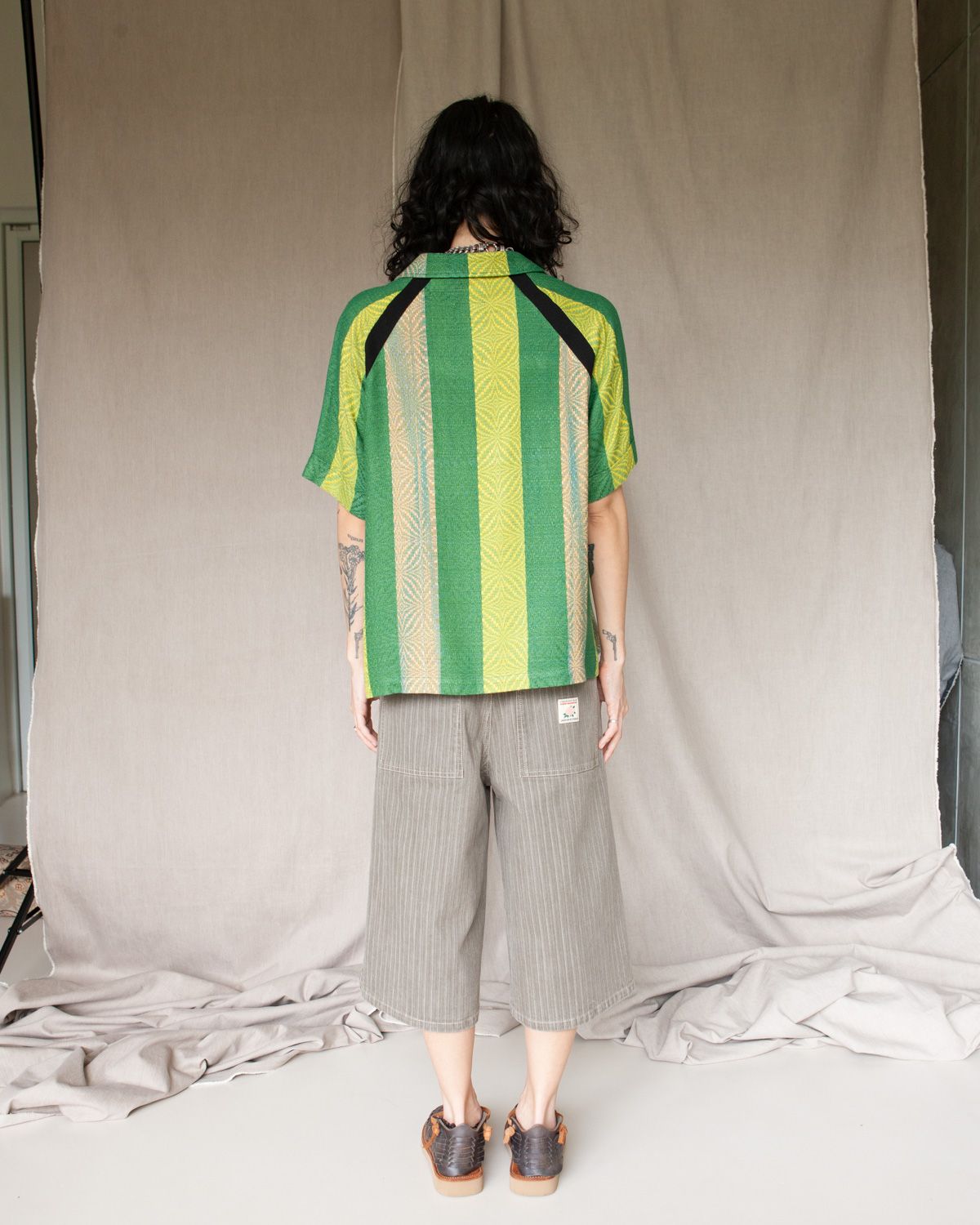 W'MENSWEAR BOWLING SHIRT - GREEN STRIPE