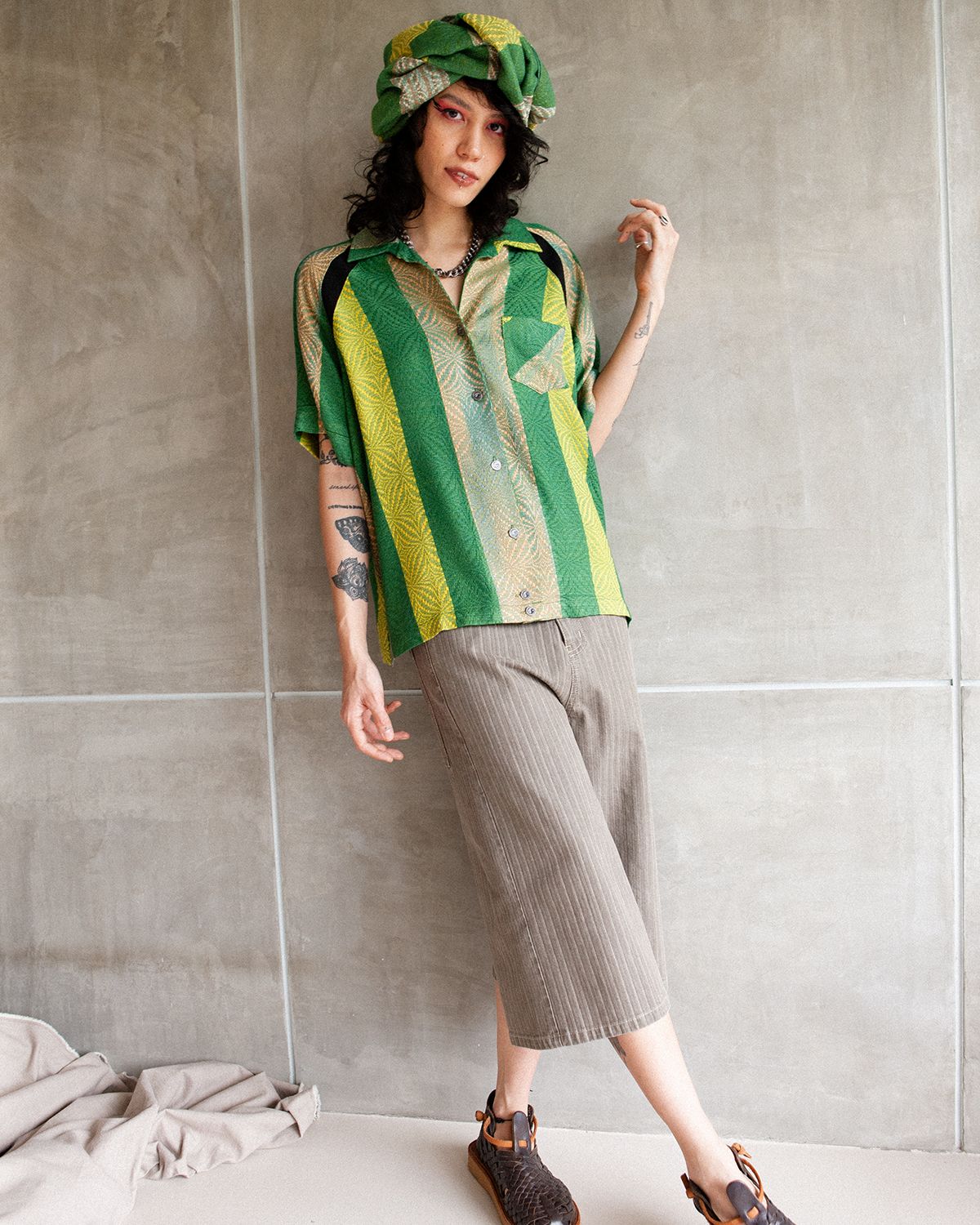 W'MENSWEAR BOWLING SHIRT - GREEN STRIPE