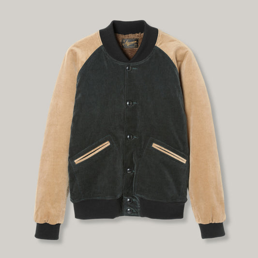 STEVENSON OVERALL CO. GOLDEN ERA ATHLETIC JACKET - DARK GREEN x BEIGE