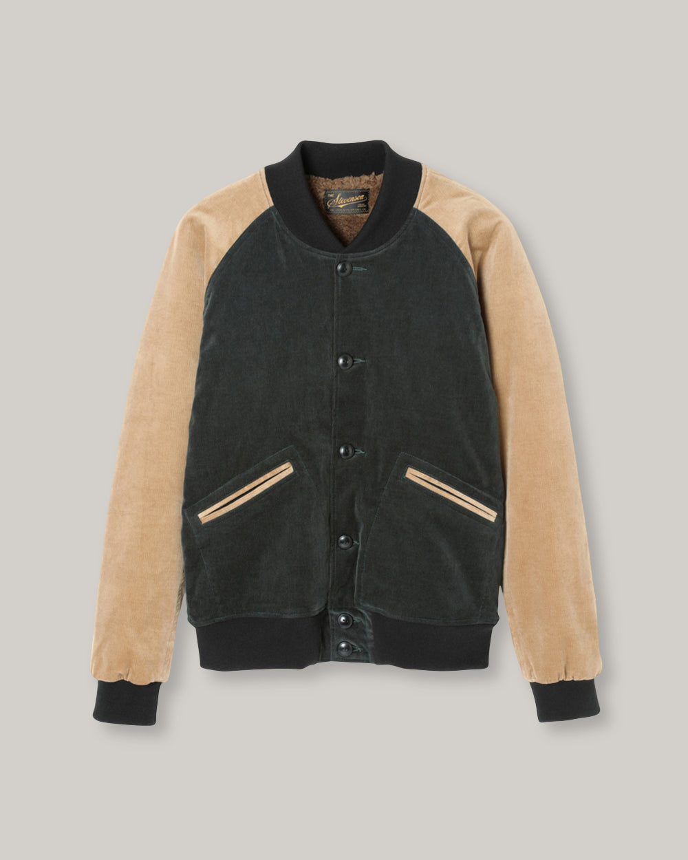 STEVENSON OVERALL CO. GOLDEN ERA ATHLETIC JACKET - DARK GREEN x BEIGE