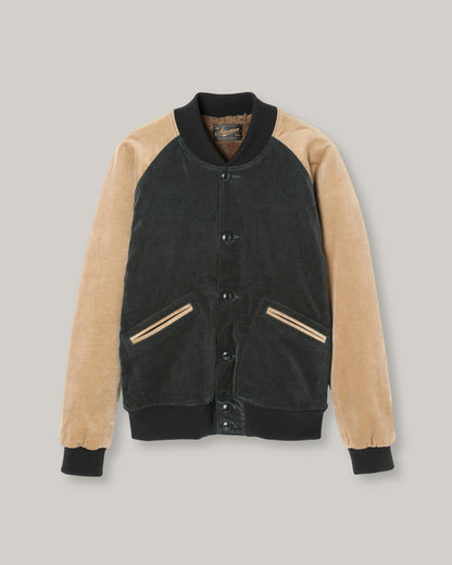 STEVENSON OVERALL CO. GOLDEN ERA ATHLETIC JACKET - DARK GREEN x BEIGE