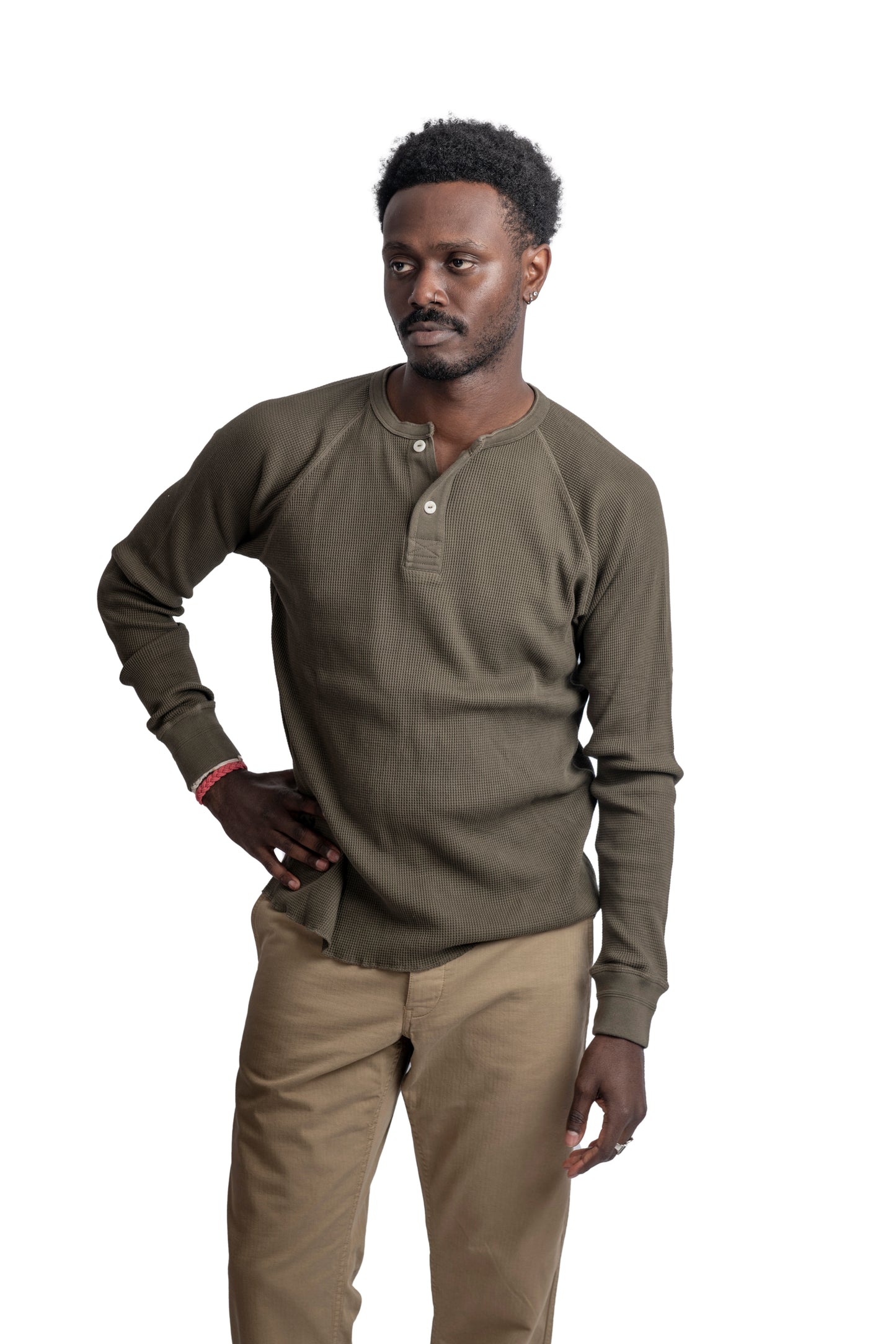 HEIMAT HENLEY WAFFLE TOP - MILITARY GREEN