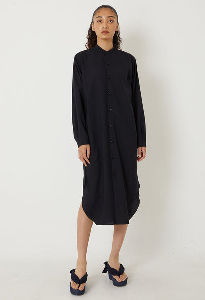 BLUE BLUE JAPAN WOMENS MEBUKI EMBROIDERY STAND UP COLLAR DRESS - DARK NAVY