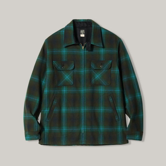 SUGAR CANE 'FICTION ROMANCE' WOOL OMBRE CHECK ZIP SHIRT - GREEN