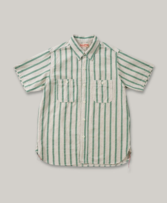 SUGAR CANE COTTON LINEN DOBBY HERRINGBONE STRIPE SS WORK SHIRT - GREEN