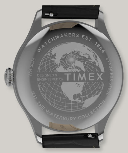 TIMEX WATERBURY CLASSIC 39MM - SILVER -  BLACK LEATHER STRAP