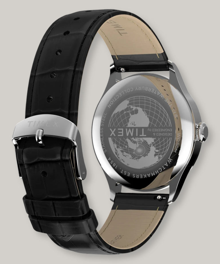 TIMEX WATERBURY CLASSIC 39MM - SILVER -  BLACK LEATHER STRAP
