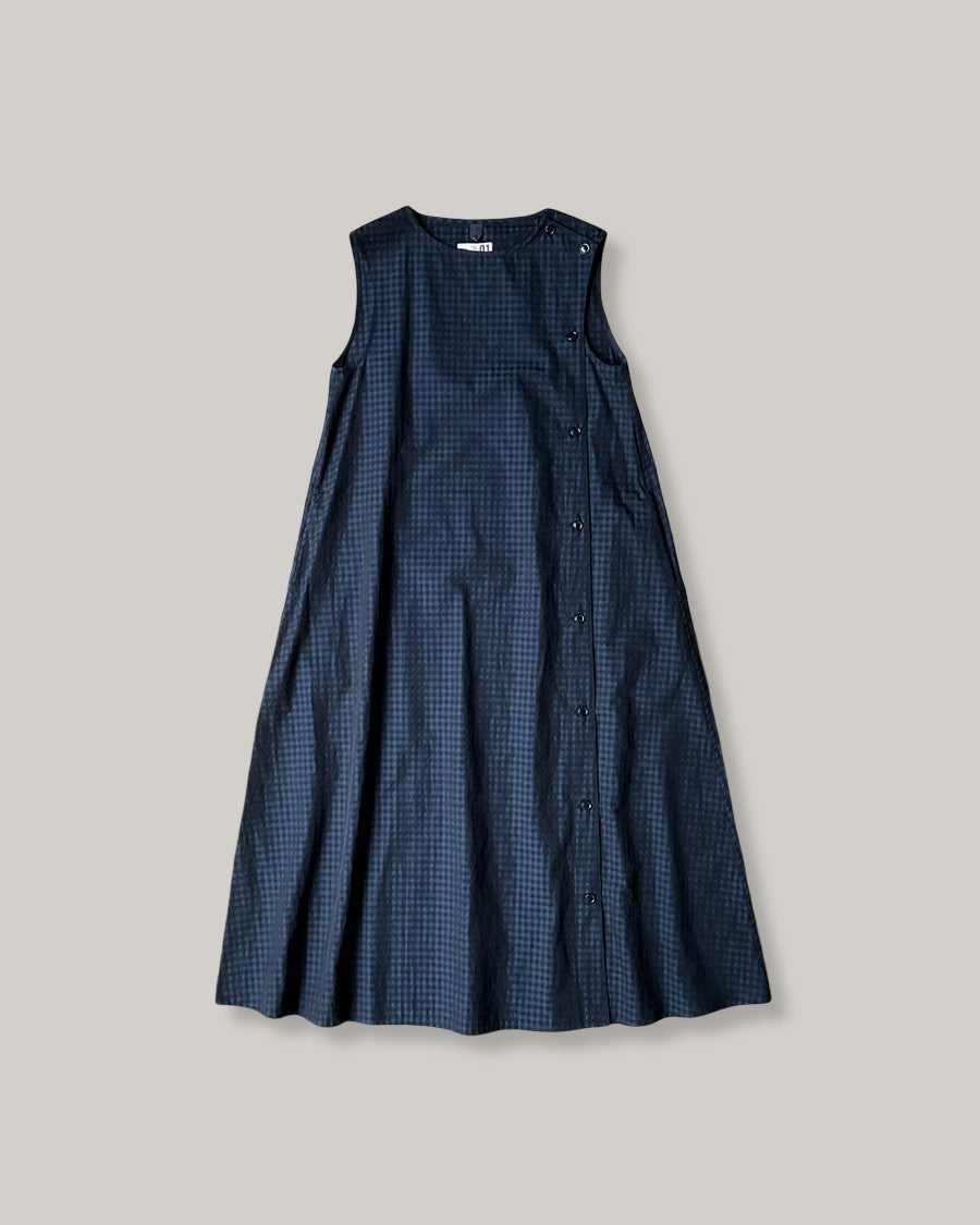 TS(S) GINGHAM PLAID SIDE BUTTON SLEEVELESS DRESS - NAVY